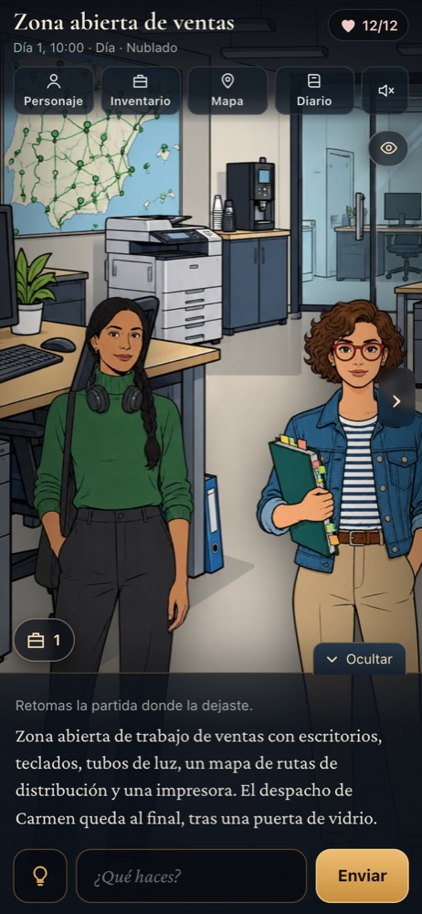 Dos compañeras en la oficina de una empresa ficticia, en una formación sobre su nueva app interna